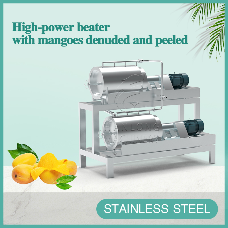 High-power beater with mangoes denuded and peeled